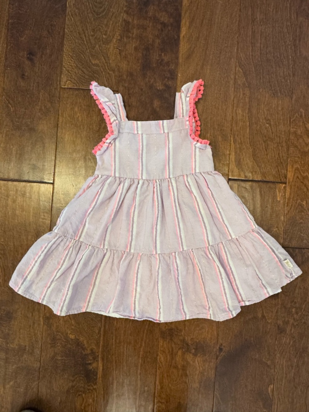 Juicy Couture Light Pink Striped Tiered Dress with Pink Pom Trim - Size 3T